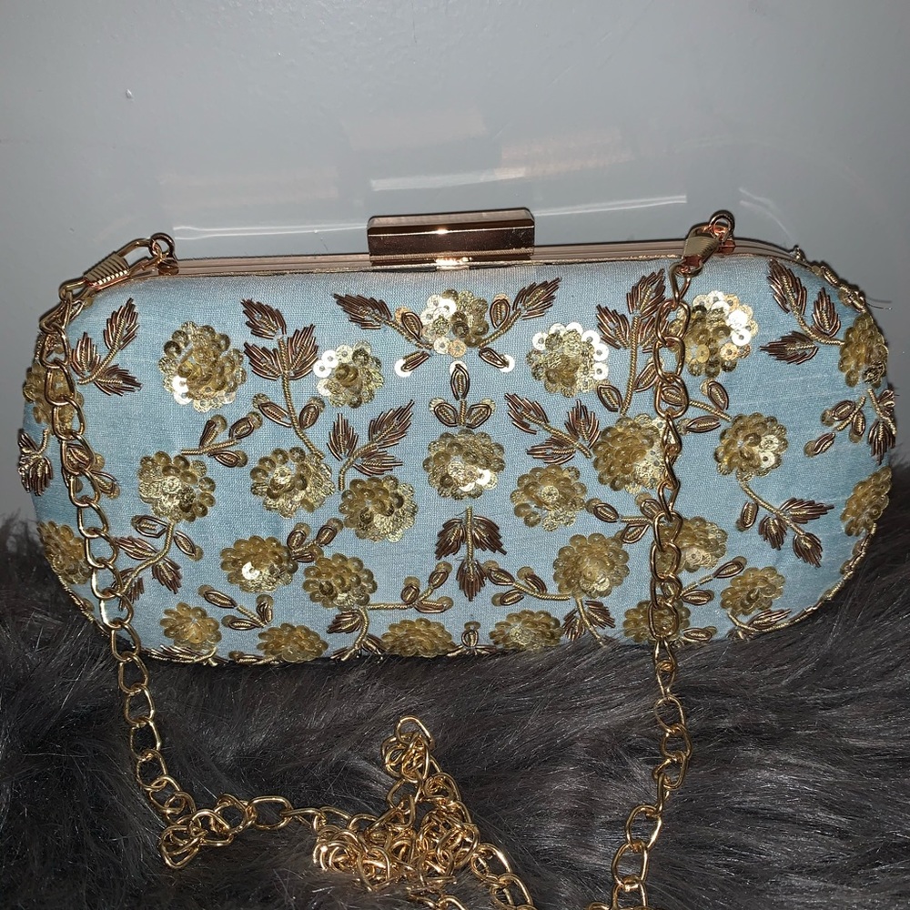 Ice Blue & Gold Embroidered Clutch